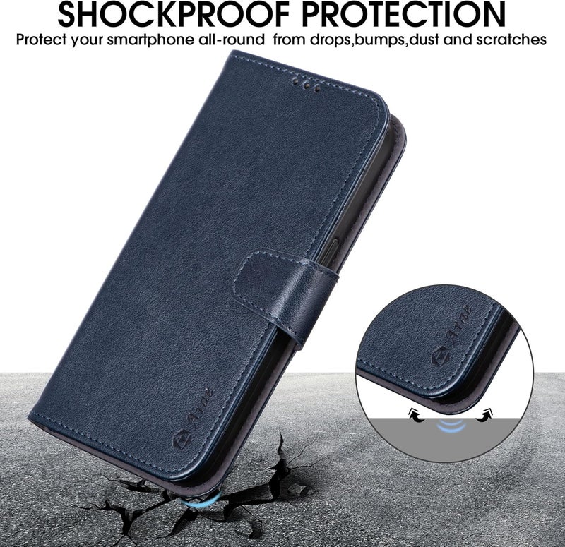 Arae Compatible with iPhone 15 Pro Case with Card Holder and Wrist Strap Wallet Flip Cover for iPhone 15 Pro 6.1 inch,Blue - Image 3